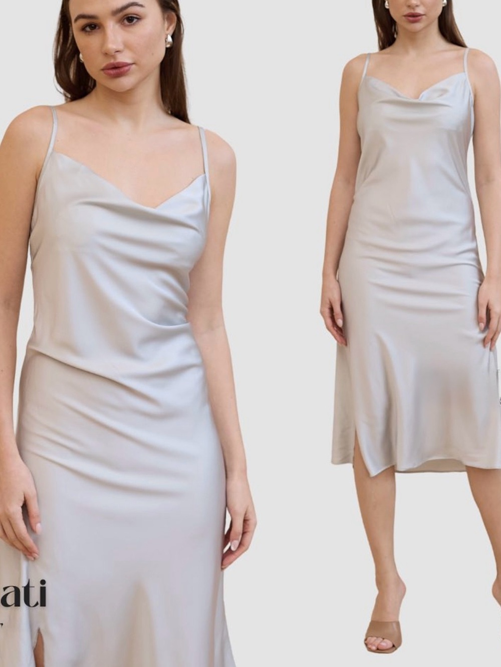 NWT Satin Cowl Neck Slip Dress Silver Blue Size XS Indie Chemise Wedding Party